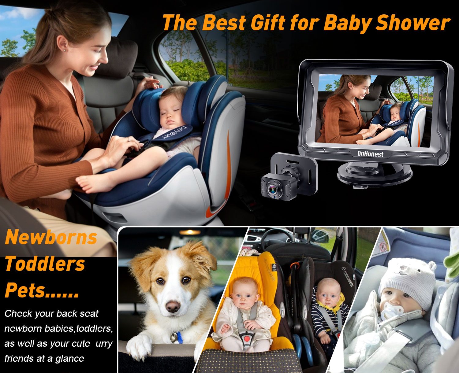DoHonest baby car camera showing a newborn in a rear-facing seat